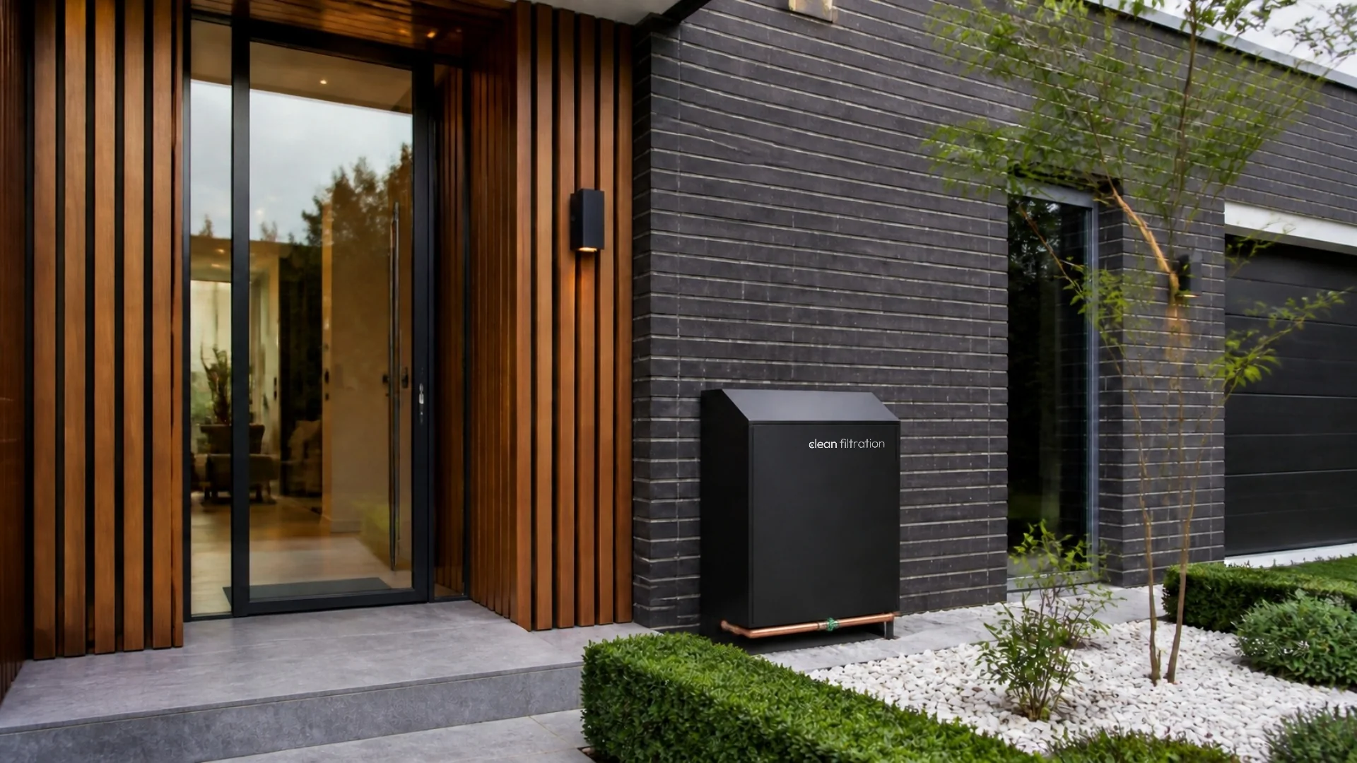 Clean Filtration cover installed beside the entry of a modern brick home in Melbourne (concept image)