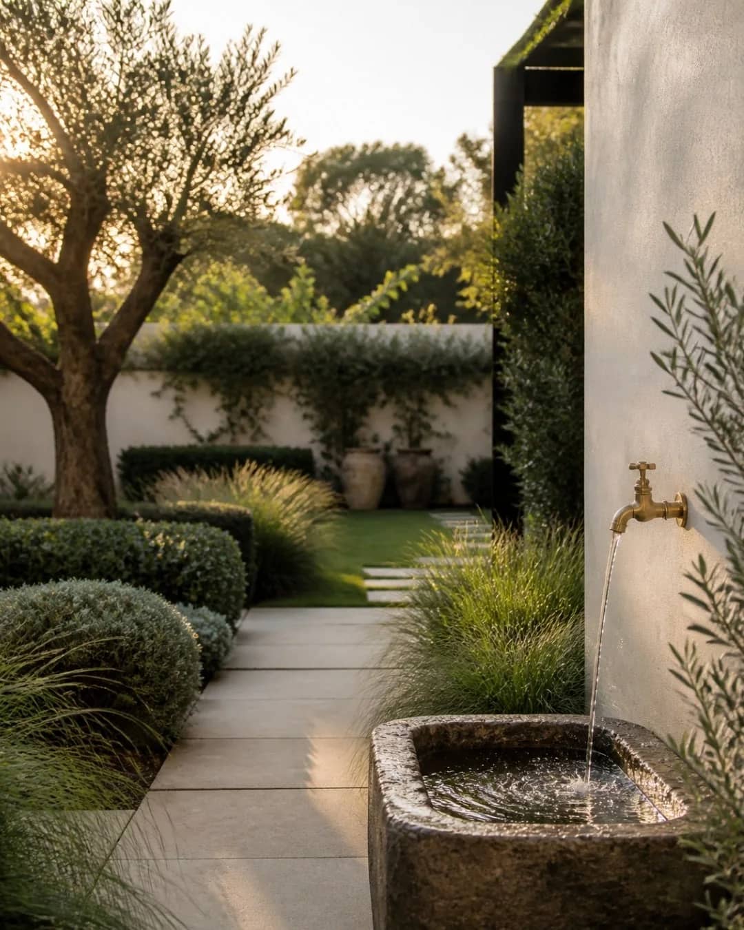 Garden with a brass outdoor tap and stone trough