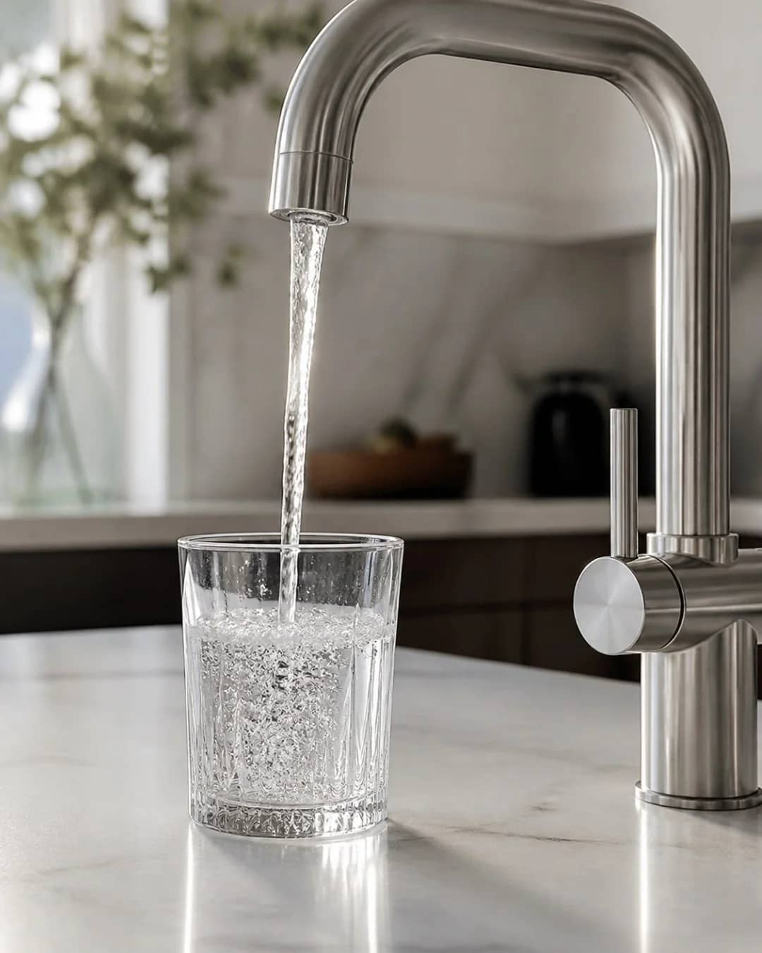 Water pouring from a kitchen tap into a glass