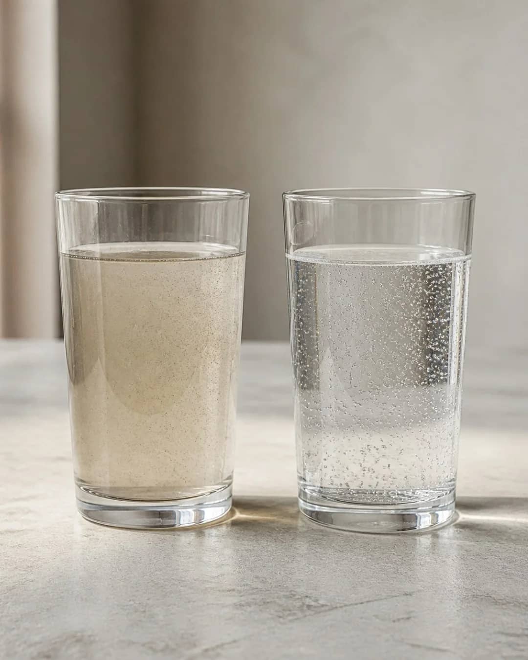 A glass of discoloured water beside a glass of clear water